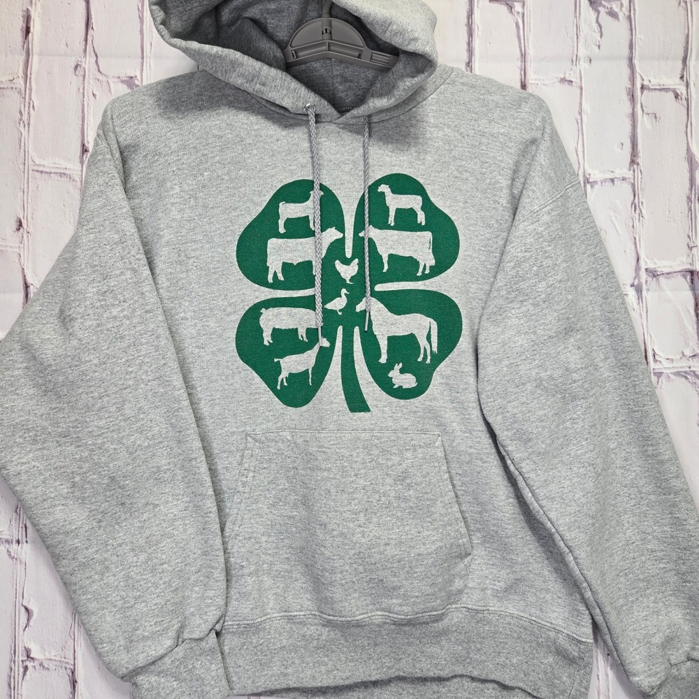 Hanes 4H Hoodie Gray Farm Animal Clover Graphic Sweatshirt Pullover Unisex Sz M